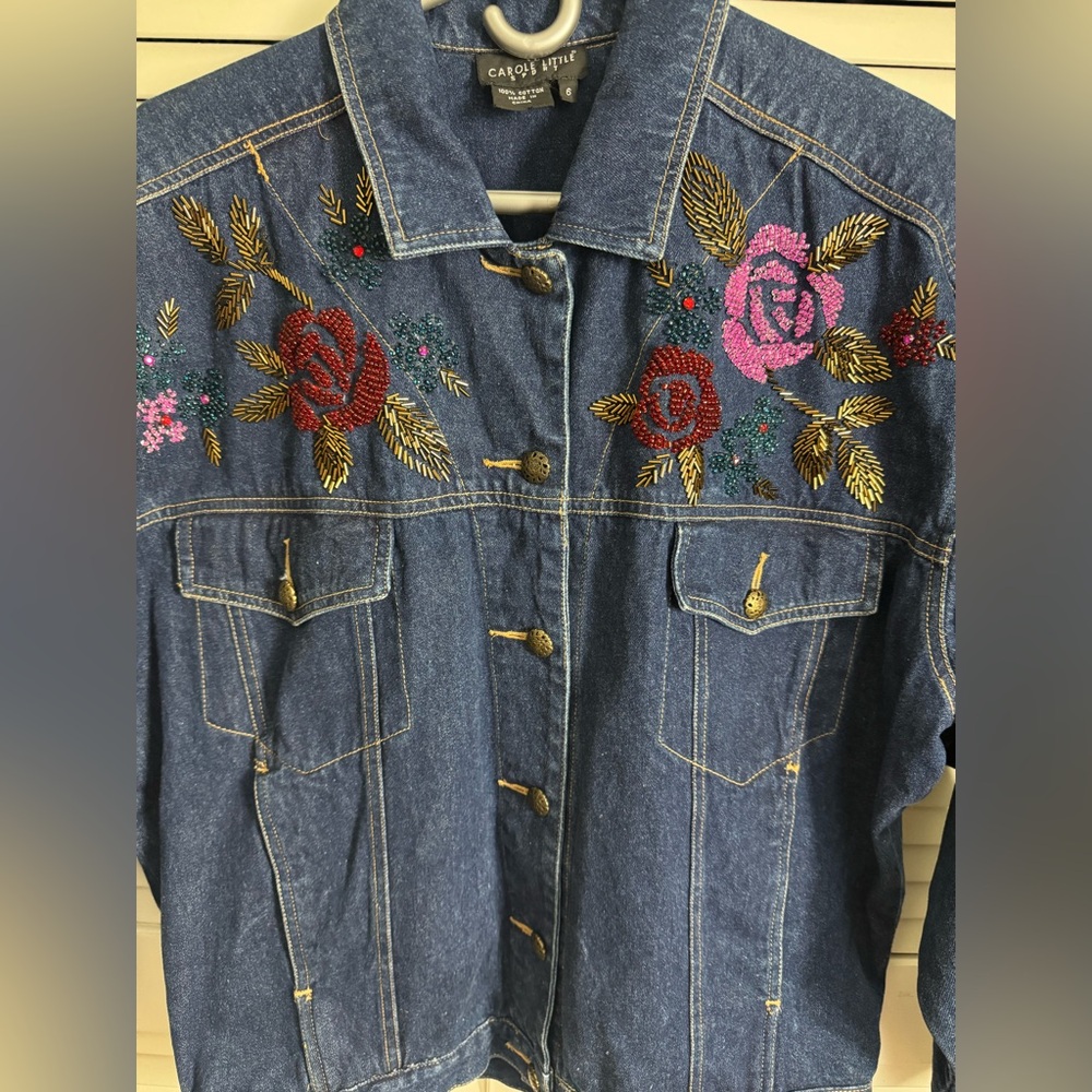 Vintage Embroidered Beaded Carole Little Denim Jacket size 6 - Picture 7 of 8